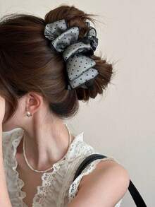 1pc Women's Mesh Satin Double Layer Polka Dot Leopard Print Elegant Bow Hair Claw Hair Accessory, Versatile For Daily/Date/Commute - Multicolor - View 1