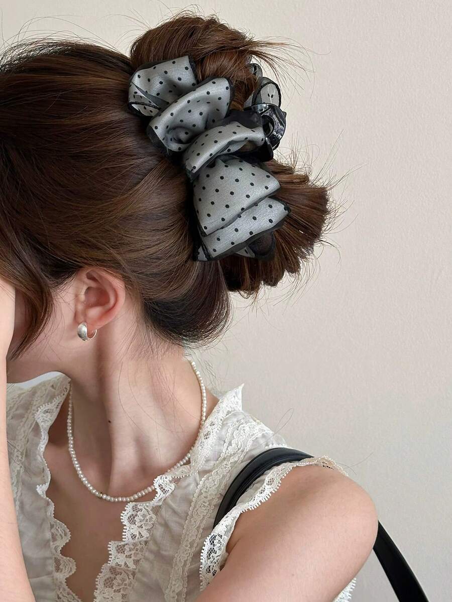 1pc Women's Mesh Satin Double Layer Polka Dot Leopard Print Elegant Bow Hair Claw Hair Accessory, Versatile For Daily/Date/Commute - Multicolor - View 1