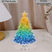 2D Flat, 2D Flat 1pc Rotating Christmas Tree Shaped Acrylic Desktop Ornament, Gradient Green Blue Glitter Christmas Tree With Star And Colorful Ball Decor Table Sign, 360° Rotatable Winter Holiday - A - View 2