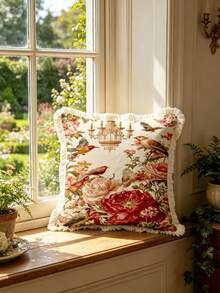 1PC French Floral And Bird Print Pillow Cover With Tassel Border, Double-Sided Decorative Pillowcase, French Vibrant Floral And Bird Patterns, Home Decor, Sofa, Bed, Bedroom(Excluding Pillow Core)-Size Excludes 3cm Tassels - Multicolor - View 8