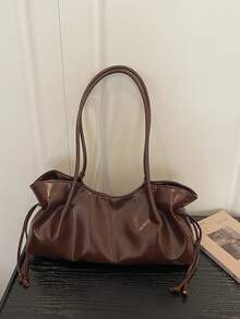 1pc Coffee Brown Solid Color PU Large Capacity Tote Bag Women's Shoulder Bag - Coffee Brown - View 3