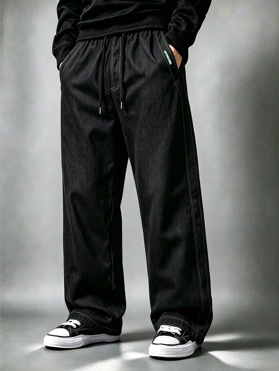 Men's Vintage Washed Distressed Wide Leg Denim Jeans, Loose Fit Straight Leg Drape Floor Length Pants With Elastic Waist And Double Drawstring Design, Streetwear Slouchy Versatile Casual Everyday Outing Long Pants - Black - View 1