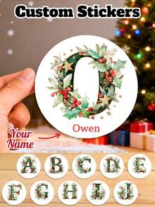 Custom Christmas Monogram Letter Stickers, Personalized Name Round Gift Labels, Holly Berry Alphabet Holiday Sticker Tags, Custom Gift Wrapping Decor, Gift For Family Friends - Multicolor - View 2