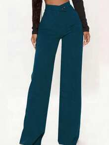 Women's Solid Color Casual Elegant High-Waisted Straight-Leg Pants, Suitable For Daily Outings, Office Commute, Home, Dates, Small Parties, Light Social Occasions - Blue - View 6