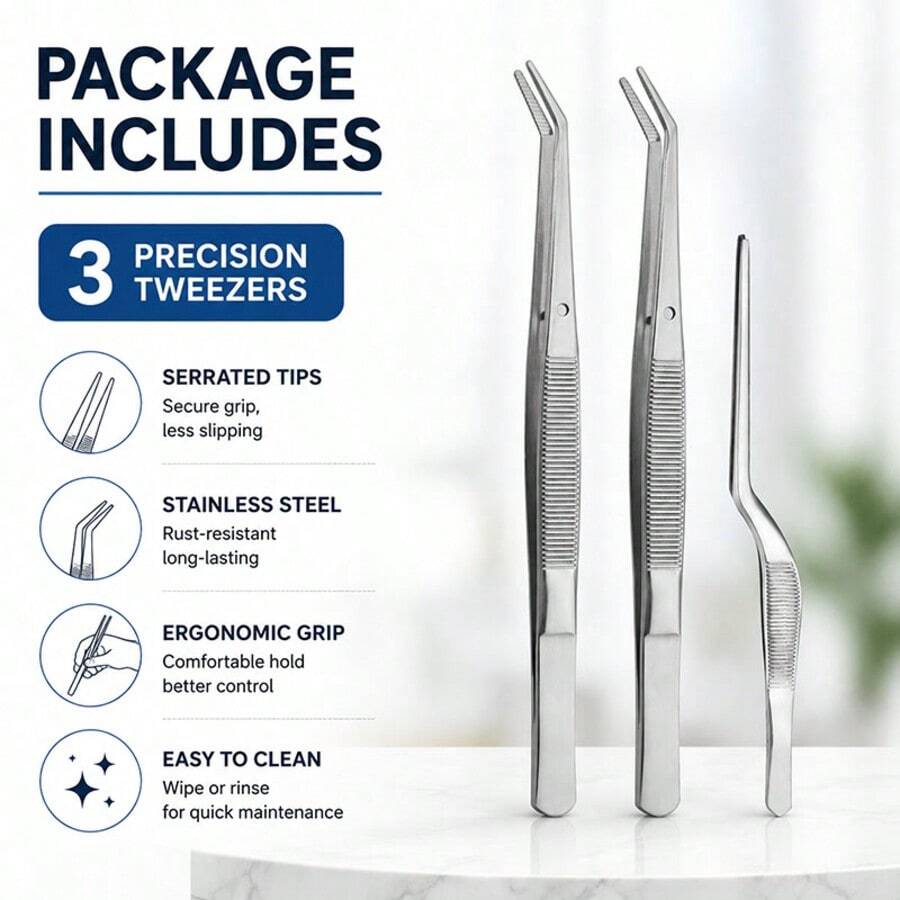 3pcs Precision Stainless Steel Tweezers Set, Curved Anti-Slip Electronic Repair Phone Motherboard Soldering Tweezers Tools, Model Assembly Fine Parts Picking Tool - C-Silver - View 1