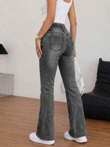Women's Single-Breasted Slim Fit Stretchy Flare Leg Jeans - Dark Grey - View 3