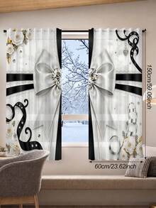 2Pcs Simple European Luxury Bow Camellia Wavy Print Pattern, Semi-Sheer Rod Pocket Curtains, Suitable For Living Room And Bedroom, Rod Not Included, Machine Washable - Black and White - View 12