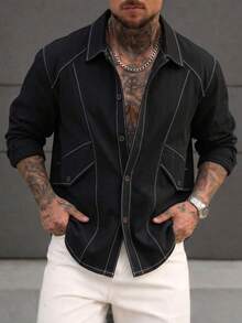 Men's Contrast Stitching Button-Down Shirt, Outdoor Hiking Long Sleeve Collared Top - Black - View 1