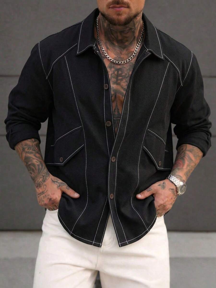 Men's Contrast Stitching Button-Down Shirt, Outdoor Hiking Long Sleeve Collared Top - Black - View 1