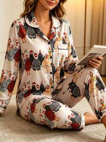 2pcs Women's Pajama Set, Gift 2-Piece Set, Lapel Button Long Sleeve, Loose Elastic Long Pants, Suitable For All Seasons, Home Wear, Outdoor Wear, Comfortable And Loose, New Full Print Pattern - Apricot - View 4