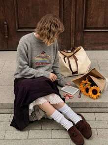 Women's Colorblock Round Neck Long Sleeve Regular Loose Letter Print Commuter Sweater, Spring/Autumn - Grey - View 2