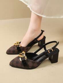 Coffee Brown Metal Chain Pointed Toe Hollow Back Chunky Heel Sandals Women Spring Autumn Vintage Commute Slingback Shoes - Coffee Brown - View 1