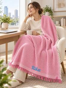 1pc Customized Name Embroidered Pink Tone Knitted Throw Blanket, Decorative Wearable Coverlet With Tassel Trim, Personalized Embroidery Details, 3 Sizes Available, Holiday Gift, Suitable For Sofa, Bed And Home Indoor Leisure Scenes - Multicolor - View 7