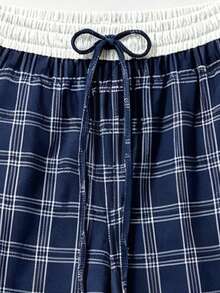 Navy Plaid Wide Leg Pants For Women, White Elastic Drawstring Waist, Loose Casual Trousers With Side Pockets - Blue - View 3