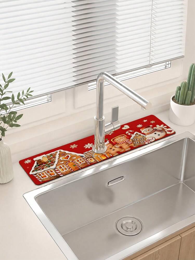 1pc Christmas Sink Faucet Water Absorbent Mat, Drainage Mat, Suitable For Kitchen, Bathroom Sink, Countertop, Drainage Mat, Diatomaceous Earth Material, Trimmable, Quick-Dry Mat - Multicolor - View 5