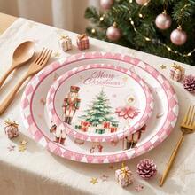 10/20/50pcs Macaron Pink Argyle Nutcracker Christmas Disposable Paper Plates, 7 Inch And 9 Inch, Cute Mouse King Sugar Plum Fairy Nutcracker Soldier Dinner Plates, Pink Nutcracker Theme Party Table Decor, Christmas Family Dinner - Multicolor - View 6
