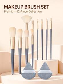 12pcs Full Set Makeup Brush Set, Foundation Brush, Blush Brush, Contour Brush, Powder Brush, Eyeshadow Brush, Highlighter Brush, With Triangle Powder Puff, Professional Makeup Tool Set - Dusty Blue - View 9