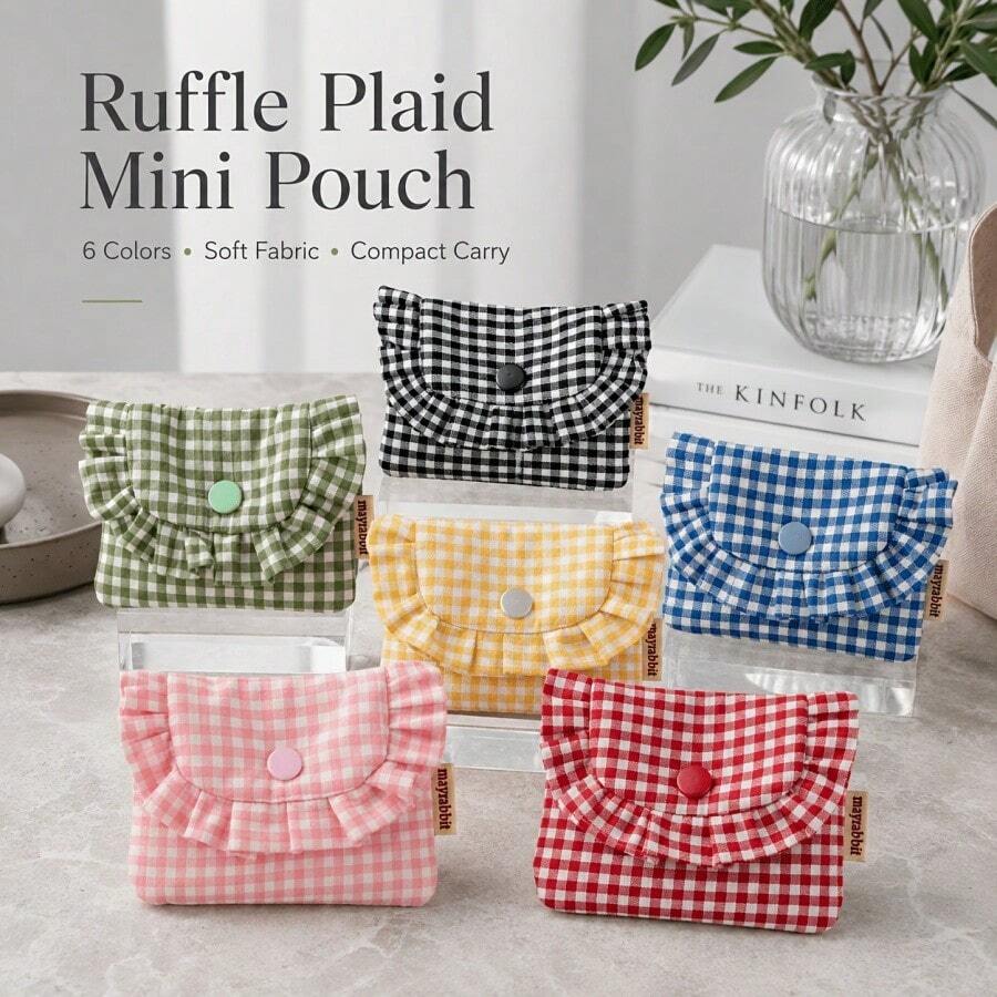 Women's Plaid Ruffled Coin Purse, Small Snap-Button Card Holder/Wallet, Cute Fabric Mini Pouch-Perfect For Storing Cash, Cards, Earphones, And School Essentials. - Multicolor - View 1