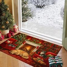 1pc Christmas Series Fireplace Cat & Dog Warm Pattern Printed Faux Wool TPR Bottom Door Mat, Bathroom Mat, Kitchen Mat, Laundry Room Mat, Holiday Atmosphere Decor, Home Decor, Party Decor, Wedding Decor, Dining & Kitchen Decor - Multicolor - View 7