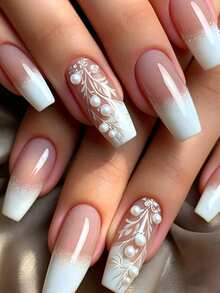 24 Pcs Long Coffin French Pink White With Grass And Pearl Reusable Acrylic Press-On Nails Y2K Style With 24 Adhesive Tabs And Mini Nail File - Dusty Pink - View 6