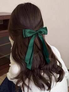 1/2pcs Women's Hair Clips, Dark Green Tassel Bow Hair Clips, Long Ribbon Design, Solid Color Satin Polyester Fiber Crocodile Clips, Fashion Hair Accessories, Suitable For Festivals, Autumn, Y2K Style And Christmas Wear - Multicolor - View 6