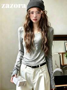Korean Style Rolled Edge U-Neck Versatile Long Sleeve Knit Base Layer Top Women Innerwear T-Shirt - Grey - View 3