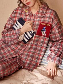 Gongdie 2 Pieces Disney Mickey Christmas Pajamas For Women,Fall Red Plaid Soft Cotton Loungewear With Pocket - Red - View 6
