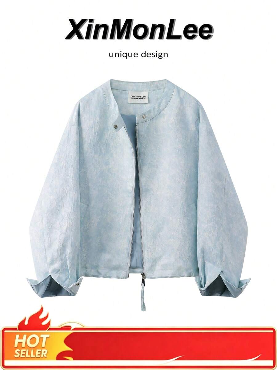 New Textured Stand Collar Zip-Up Jacket, College Style, Casual Elegant, Suitable For Spring And Autumn, Daily Wear And Vacation - Blue - View 1