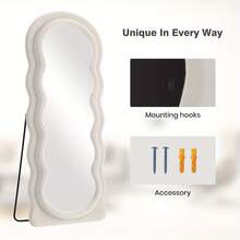 Long Wavy Mirror With Flannel Frame, Elegant Irregular Makeup Mirror, Suitable For Bedroom, Living Room, Dressing Room Or Bathroom Decoration, Can Be Hung Or Rested - White - View 7