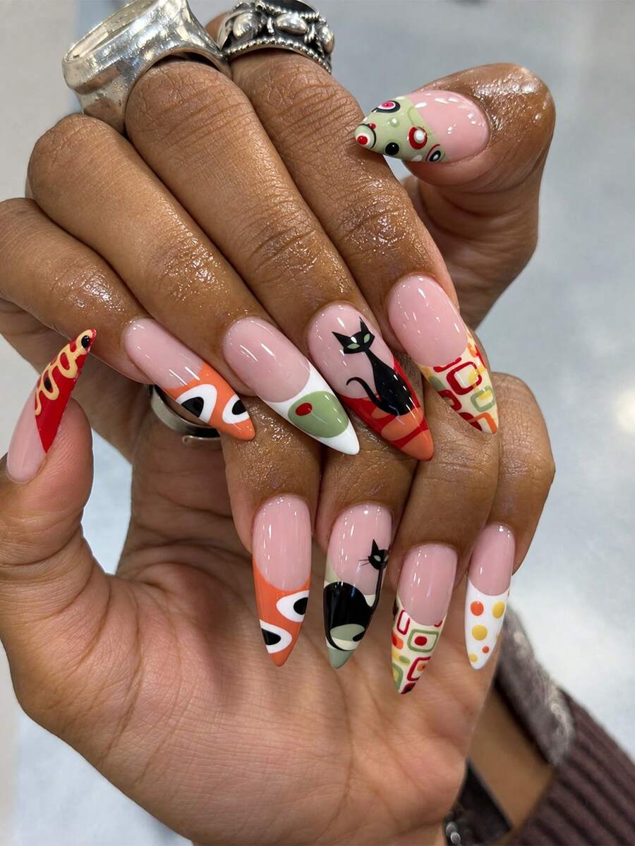 24pcs Autumn/Winter Vintage Medieval Modern Style Press-On Nails, Black Cat, Geometric & Color Block Abstract Design, Long Almond Shape Artificial Nails, Suitable For Daily Wear, Commute & Date - Multicolor - View 1