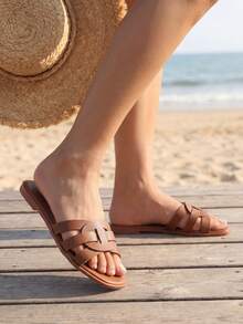 Woven Strap Square Toe Flat Slippers, Soft Faux Leather Slip-On Sandals, Summer Casual Shoes, Suitable For Daily Wear, Beach Travel And Vacation Parties - Brown - View 7