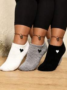 1/3/6 Pairs Women's Autumn/Winter Heart Pattern Thick Warm Short Socks, Soft Breathable Cozy Boat Socks, Sleeping Socks, Suitable For Cold Weather, Home, Sleep - Multicolor - View 2
