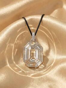 Swarovski Lucent Octagonal Cut Black Cord Necklace For Women, Large Rectangular Transparent Crystal Pendant, Adjustable Long Cord, Luxury Jewelry - Silver - View 1
