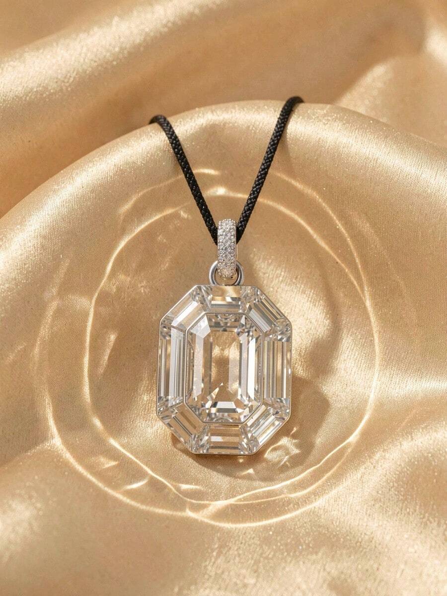 Swarovski Lucent Octagonal Cut Black Cord Necklace For Women, Large Rectangular Transparent Crystal Pendant, Adjustable Long Cord, Luxury Jewelry - Silver - View 1
