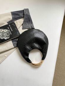 不對稱手柄裝飾晚宴包，時尚編織新月形女包，編織紋理壓紋純色休閒大包，單肩斜跨獨特女包，百搭通勤包，手提包，法棍包 - 黑色 - 查看 8