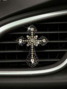 1pc Metal Cross Car Air Vent Perfume Clip Rhinestone Cross Car Decoration Perfume Car Accessory - A - View 3