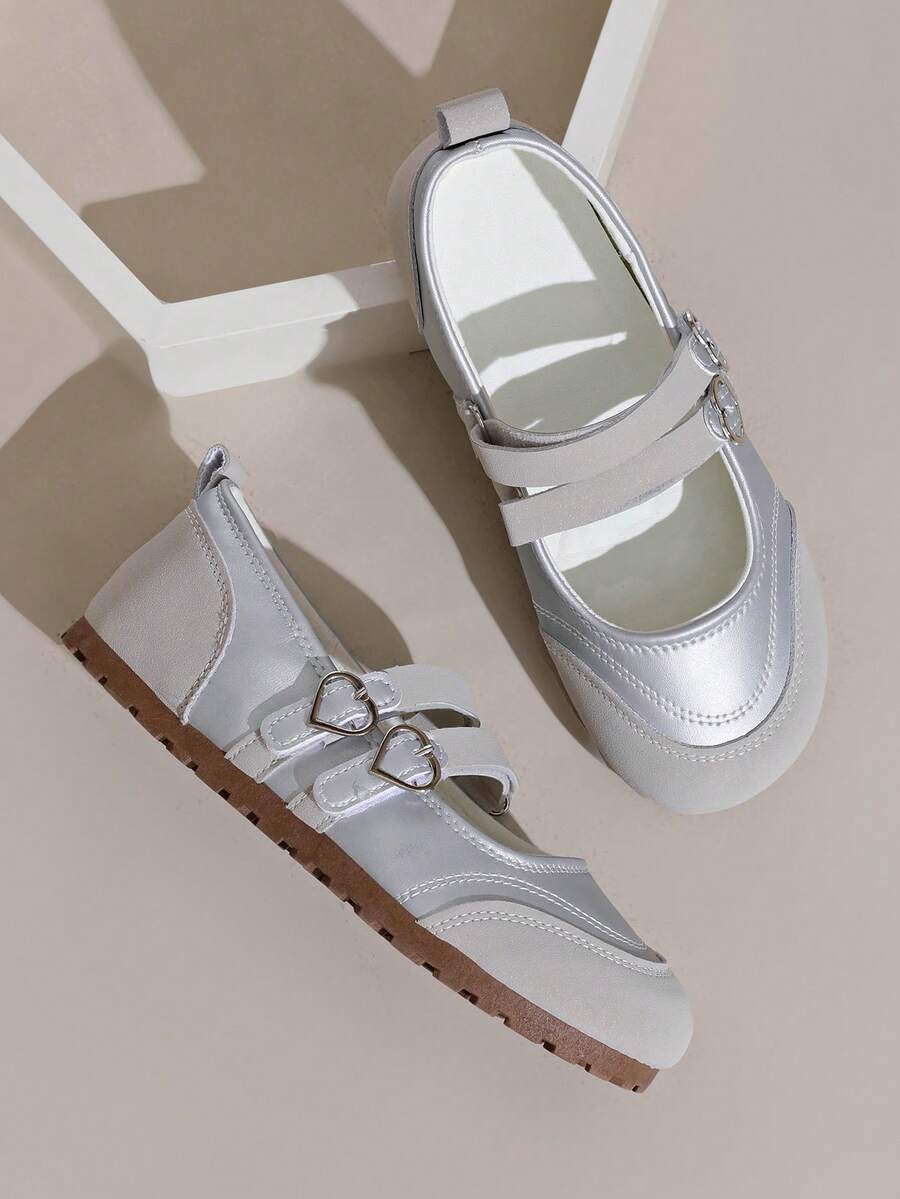 ZKBBO Women's Heart Buckle Double Strap Mary Jane Flats, Spliced Round Toe Casual Flat Shoes - Silver - View 1