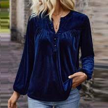 Elegant Plus Size Women's Velvet Long Sleeve Mock Neck Top, Comfortable Knit Fabric, Regular Fit, Suitable For Autumn - Royal Blue - View 4