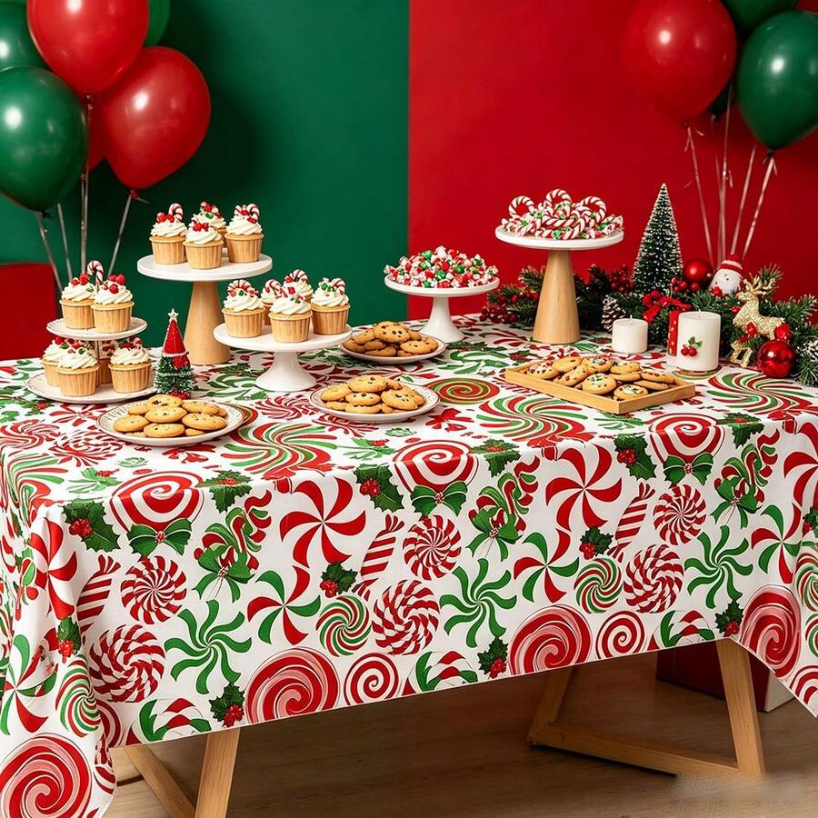 Tablecloth, 3 Pieces Set//1-Piece Christmas Candy Rectangular Party Tablecloth, 54 X 108 Inches, Colourful Lollipop Candy Cane Waterproof Tablecloth, Suitable For Christmas Holiday Winter Kitchen Dinner Family Party Decoration - Multicolor - View 1