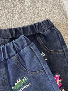2pcs/Set Spring Autumn Boys' Washed Soft Denim Jeans With Cute Embroidery, Elastic Waist Casual Long Pants For Toddlers And Babies - Multicolor - View 4