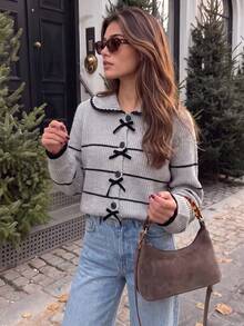 Women's Bow Detail Knit Cardigan, Striped Wide Collar Loose Fit Sweater Top, Suitable For Daily Wear And Holiday Outfits - Baby Blue - View 4