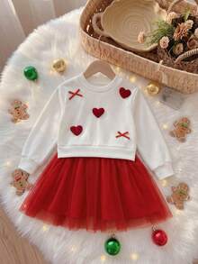 Girls' 3D Heart Bow Long Sleeve Sweatshirt & Mesh Patchwork Dress, Red Christmas Outfit, Easy To Style For Daily Wear - Red and White - View 3