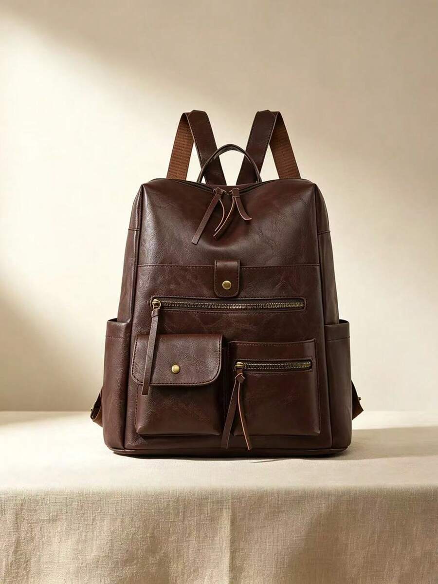 Men's Vintage Leather Backpack, Casual Business Rucksack With Multiple Zipper Pockets, Classic Travel School Bag For Men - Coffee - View 1