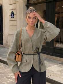 Elegant Women's Plaid V-Neck Tie Jacket, Autumn Long Sleeve Polyester Fiber Cardigan - Multicolor - View 2