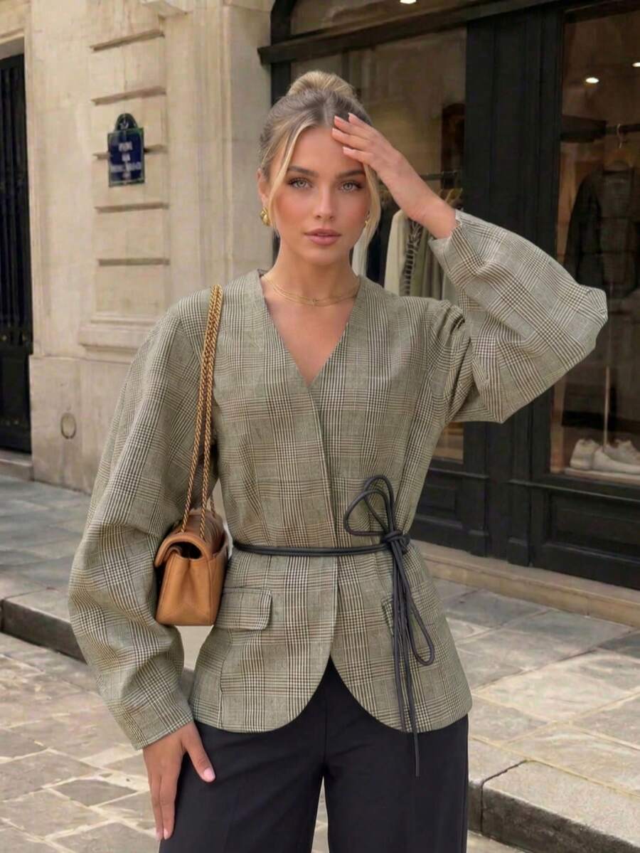 Elegant Women's Plaid V-Neck Tie Jacket, Autumn Long Sleeve Polyester Fiber Cardigan
