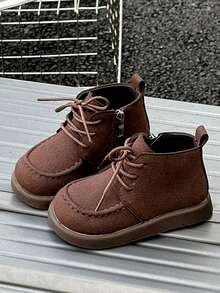 Girls' Simple Lace-Up Ankle Boots, Toddler Side Zipper Easy On/Off Casual Baby Shoes - Brown - View 4