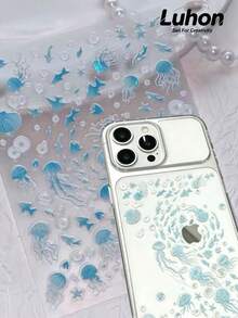 1Set Ocean Themed Stickers, Stickers For Laptop, Journaling Supplies, Sticker Book, Transparent Blue Jellyfish And Shell Print, Aesthetic Minimalist Style, Decorative Decals For Cup, Camera, Phone Case - Shell Jellyfish - View 1