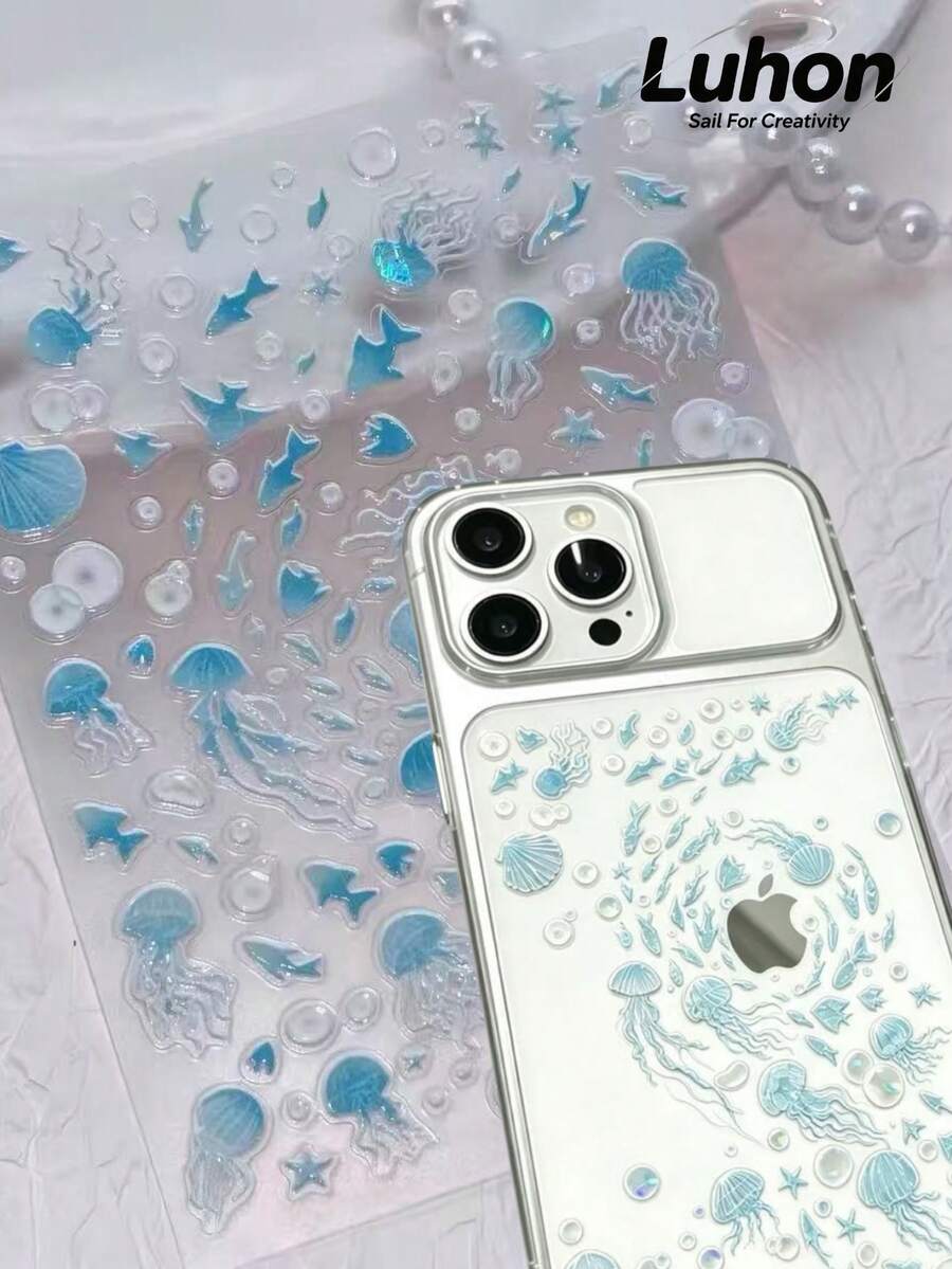 1Set Ocean Themed Stickers, Stickers For Laptop, Journaling Supplies, Sticker Book, Transparent Blue Jellyfish And Shell Print, Aesthetic Minimalist Style, Decorative Decals For Cup, Camera, Phone Case - Shell Jellyfish - View 1