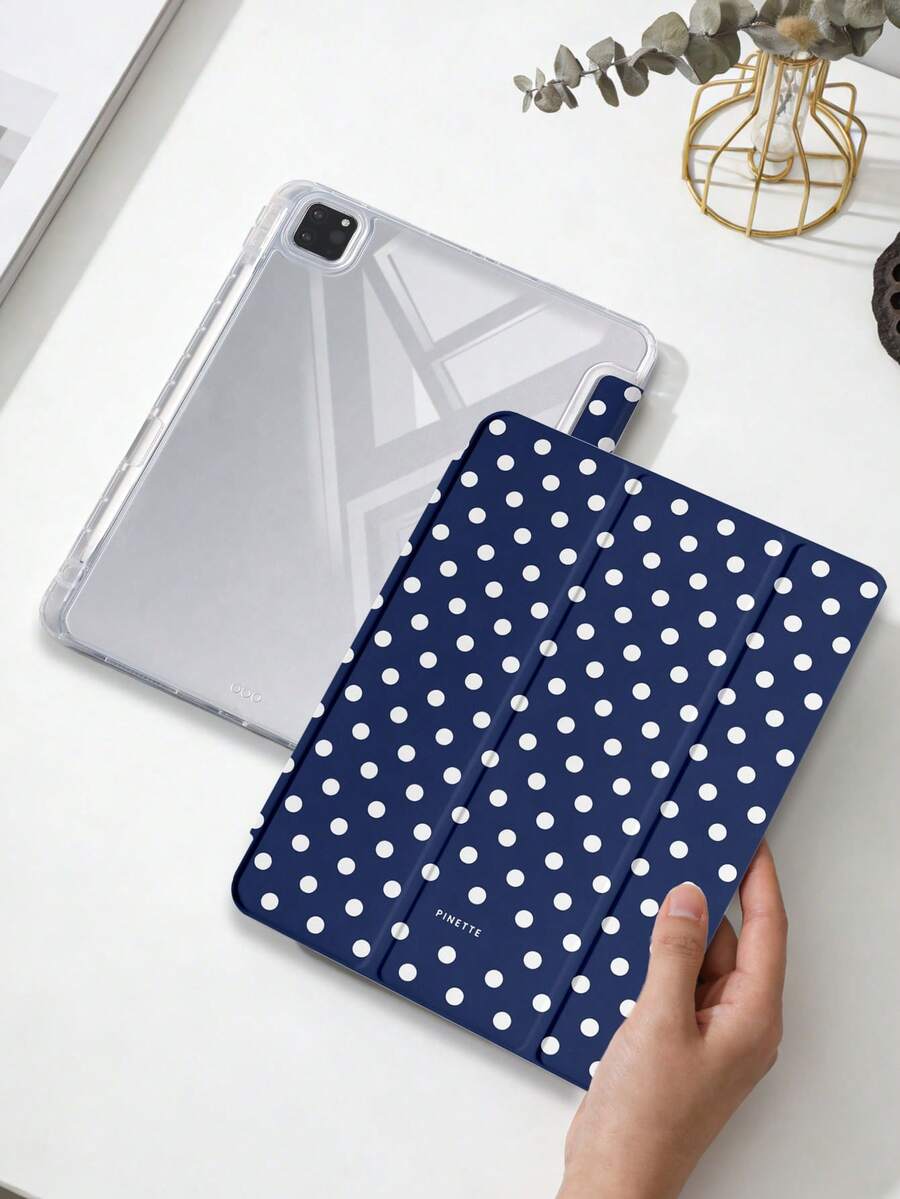 1pc Blue Polka Dot Tablet Case Compatible With IPad Mini6/Mini7/10.2/10.5/10.9 (Air4-Air8)/Pro 11/10th Gen/A16/Pro 11 2024, Painted Pattern Tablet Cover With Fully Transparent Acrylic Back Shell, Tri-Fold Stand, Auto Sleep/Wake, Built-In Pencil Slot, Pencil Not Included, Some Models With Camera Frame - Multicolor - View 1