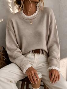 Sweater Rajut Leher Bulat Wanita Musim Semi/Gugur, Lengan Panjang dengan Manset Berenda, Atasan Rajut Pendek Serbaguna untuk Aktivitas Sehari-hari dan Kasual - Khaki Muda - View 3